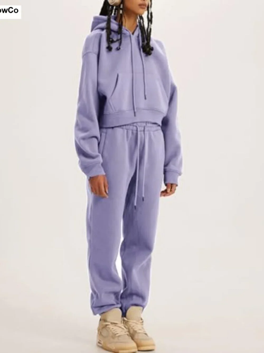 Womens Fleece 2 Piece Sweatsuit Hoodie Crop Top Jogger Pants Set